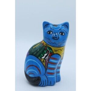Vintage Talavera Cat Figurine Sitting Blue Folk Art Hand Painted Cozumel Mexico